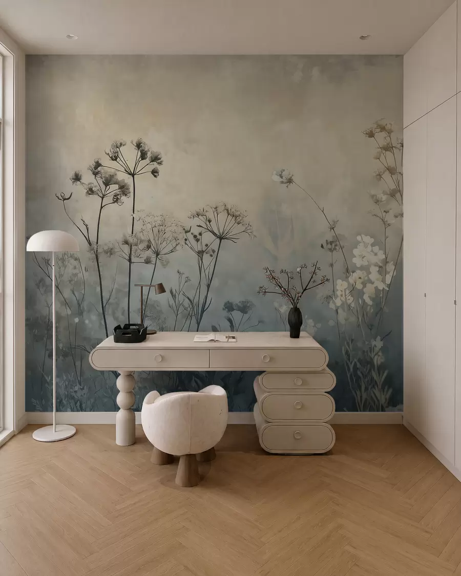 fototapeter tapet i øko-stil med villblomster og planter på en strukturert bakgrunn w02685