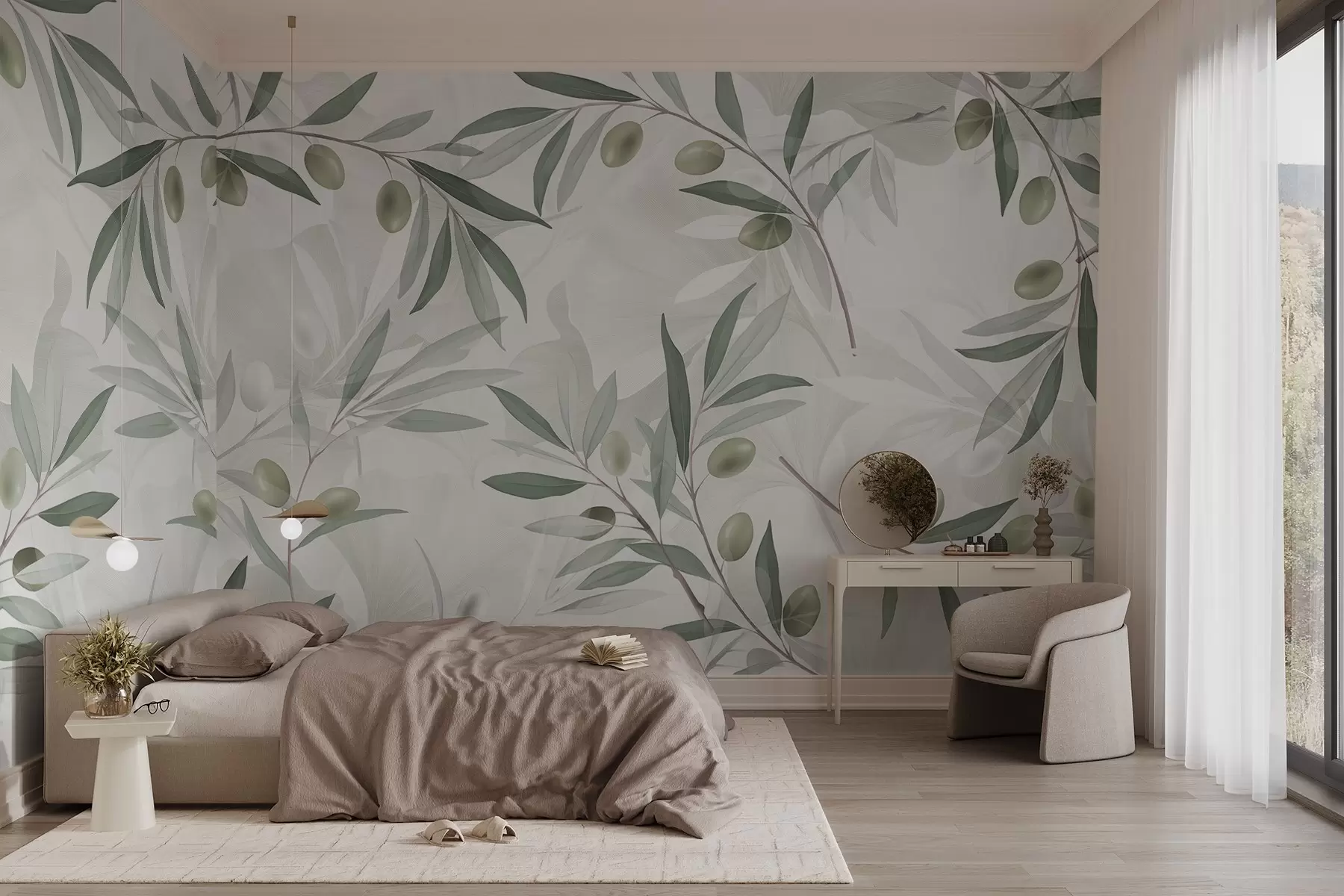 fototapeter Olivengrener med grønne blader og oliven på en lys bakgrunn w08576