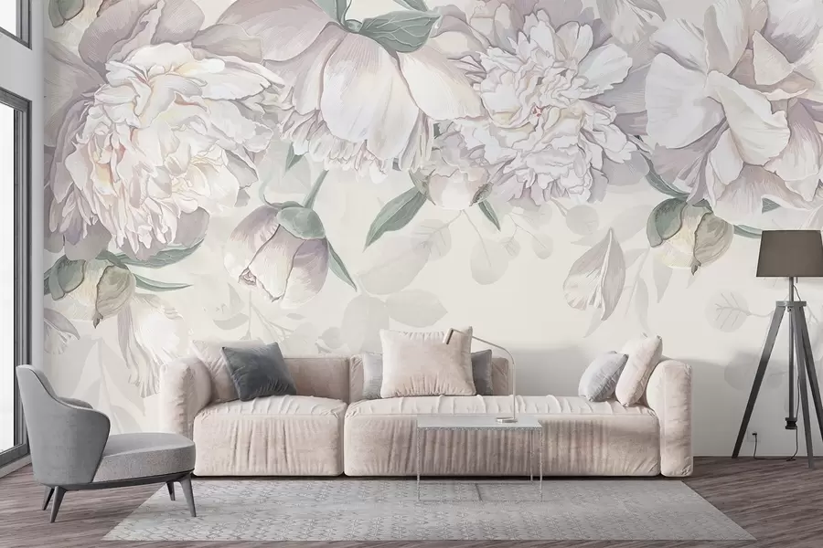 fototapeter Delikate hvite og rosa pastellpioner med grønne blader, arrangert i en myk, romantisk blomsterbakgrunn w08577
