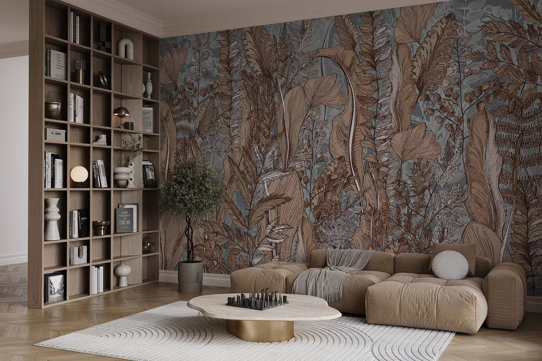 fototapeter En frodig, grønn skog med ulike typer bregner, blader og løvverk i nyanser av brunt, blått og grått w08579v1