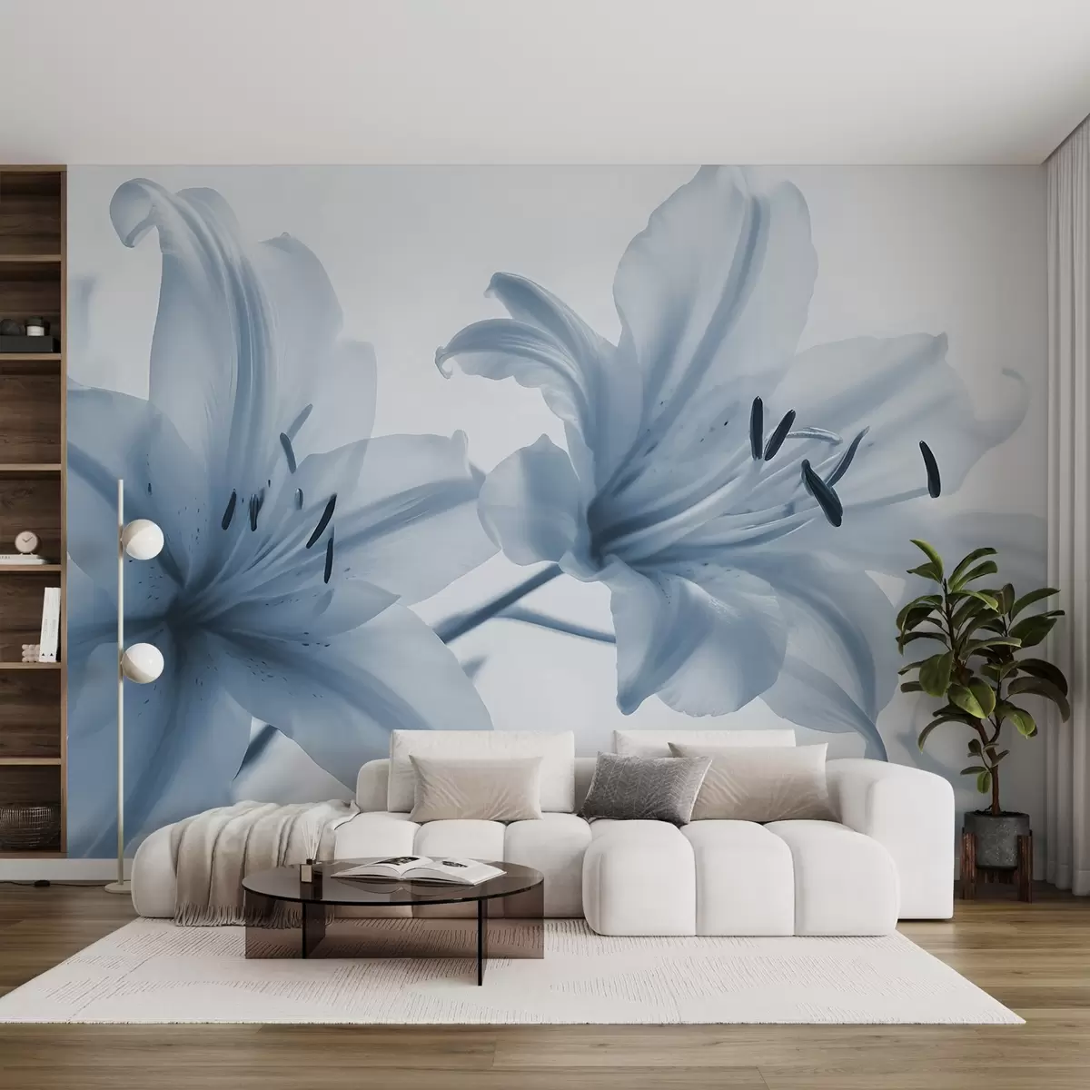 fototapeter Nærbilde med mykt fokus av blå, minimalistiske liljeblomster mot en lys bakgrunn w08586