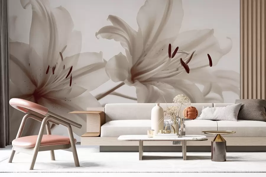 fototapeter Myk fokus nærbilde av beige minimalistiske liljeblomster mot en lys bakgrunn w08586v1