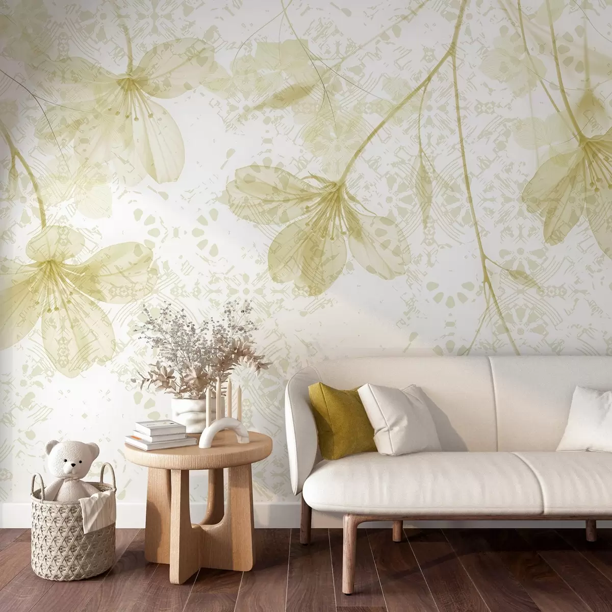 fototapeter Delikate gule og hvite blomster med lange stilker og kronblader mot en myk, uskarp teksturell bakgrunn w08588v2