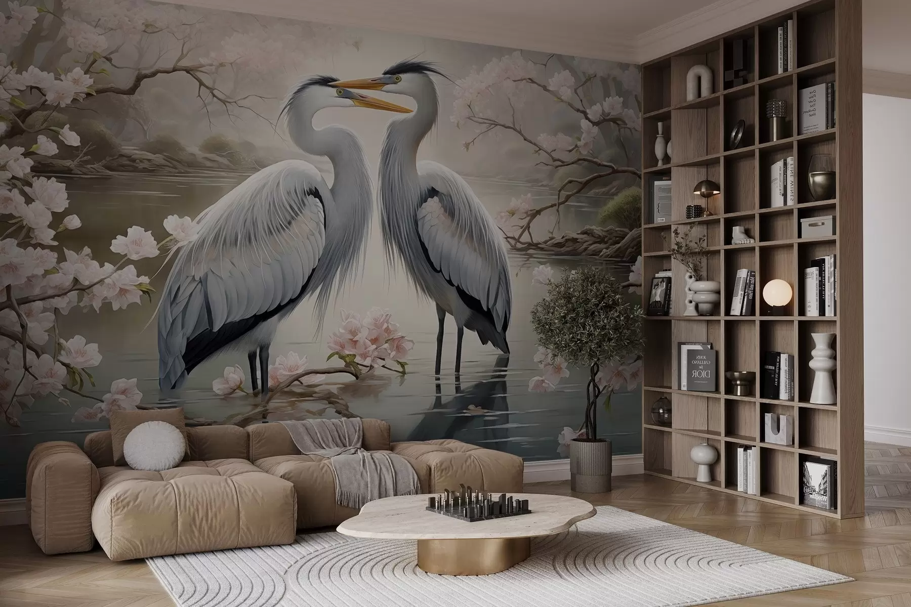 fototapeter Et storkepar i en blomstrende hage w02621