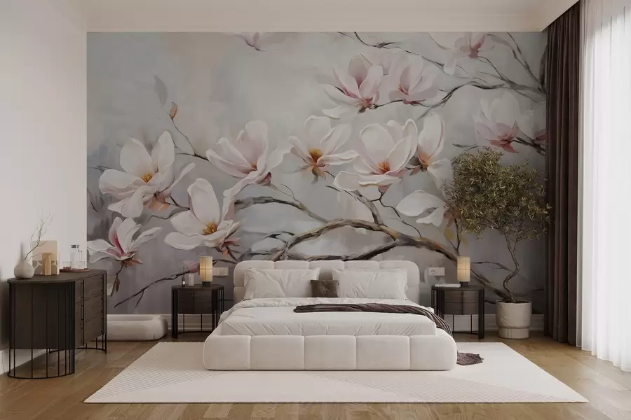 fototapeter Delikate rosa magnoliablomster blomstrer på nakne tregrener mot en myk, disig bakgrunn w08589