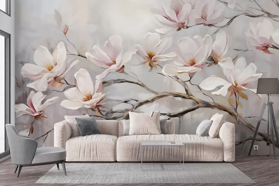 fototapeter Delikate rosa magnoliablomster blomstrer på nakne tregrener mot en myk, disig bakgrunn w08589