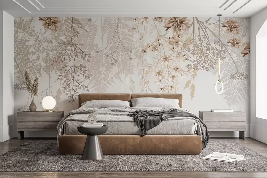 fototapeter Delikate blomstergrener og gress med hvite, grå og beige blomster som faller nedover en lys bakgrunn w08598