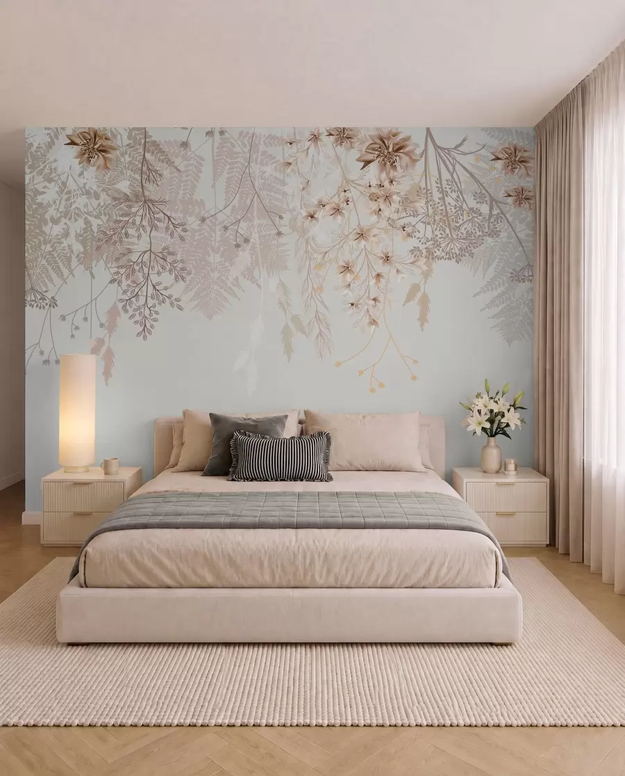 fototapeter Delikate blomstergrener og gress med hvite, grå og beige blomster som faller nedover en lys bakgrunn w08598