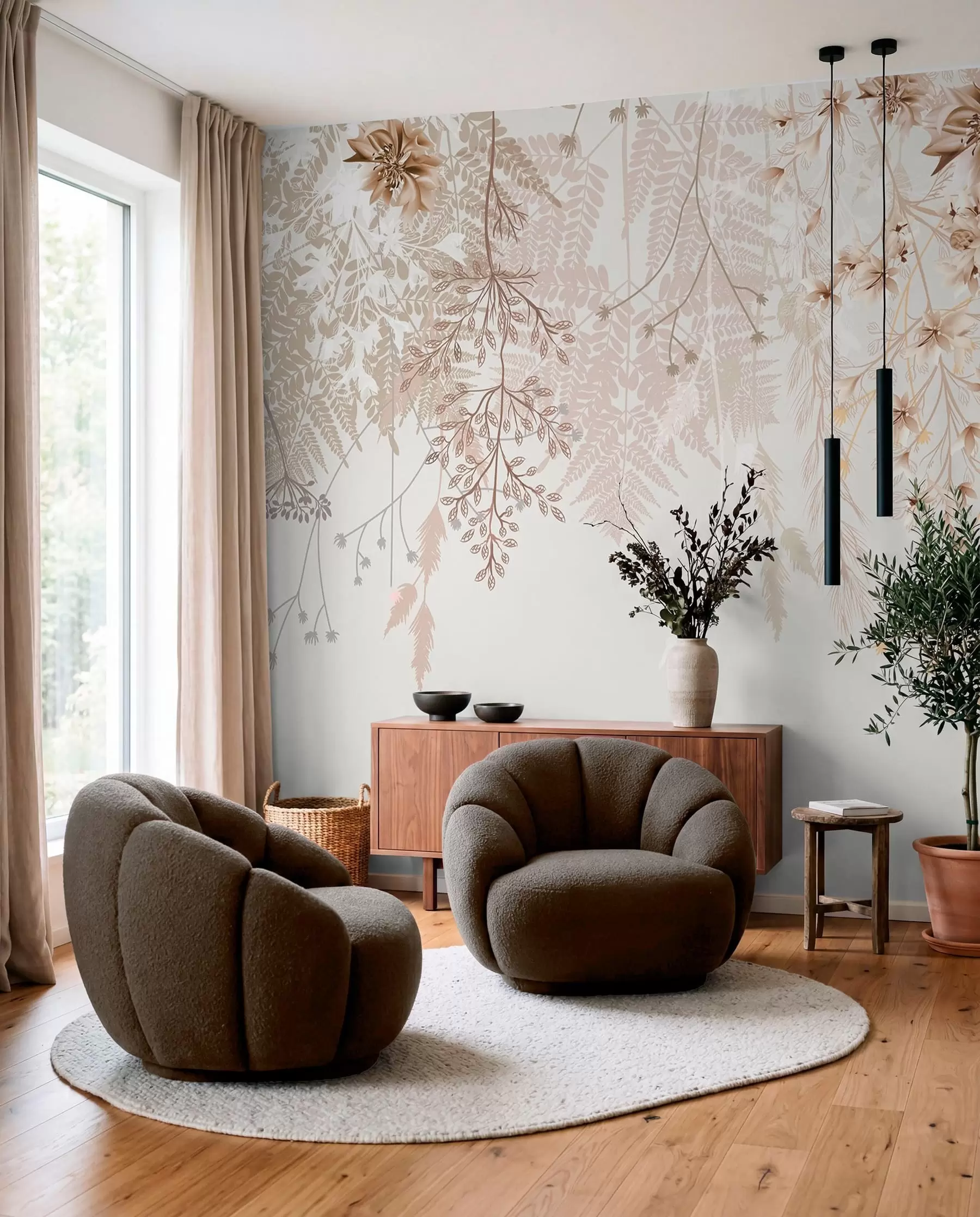 fototapeter Delikate blomstergrener og gress med hvite, grå og beige blomster som faller nedover en lys bakgrunn w08598