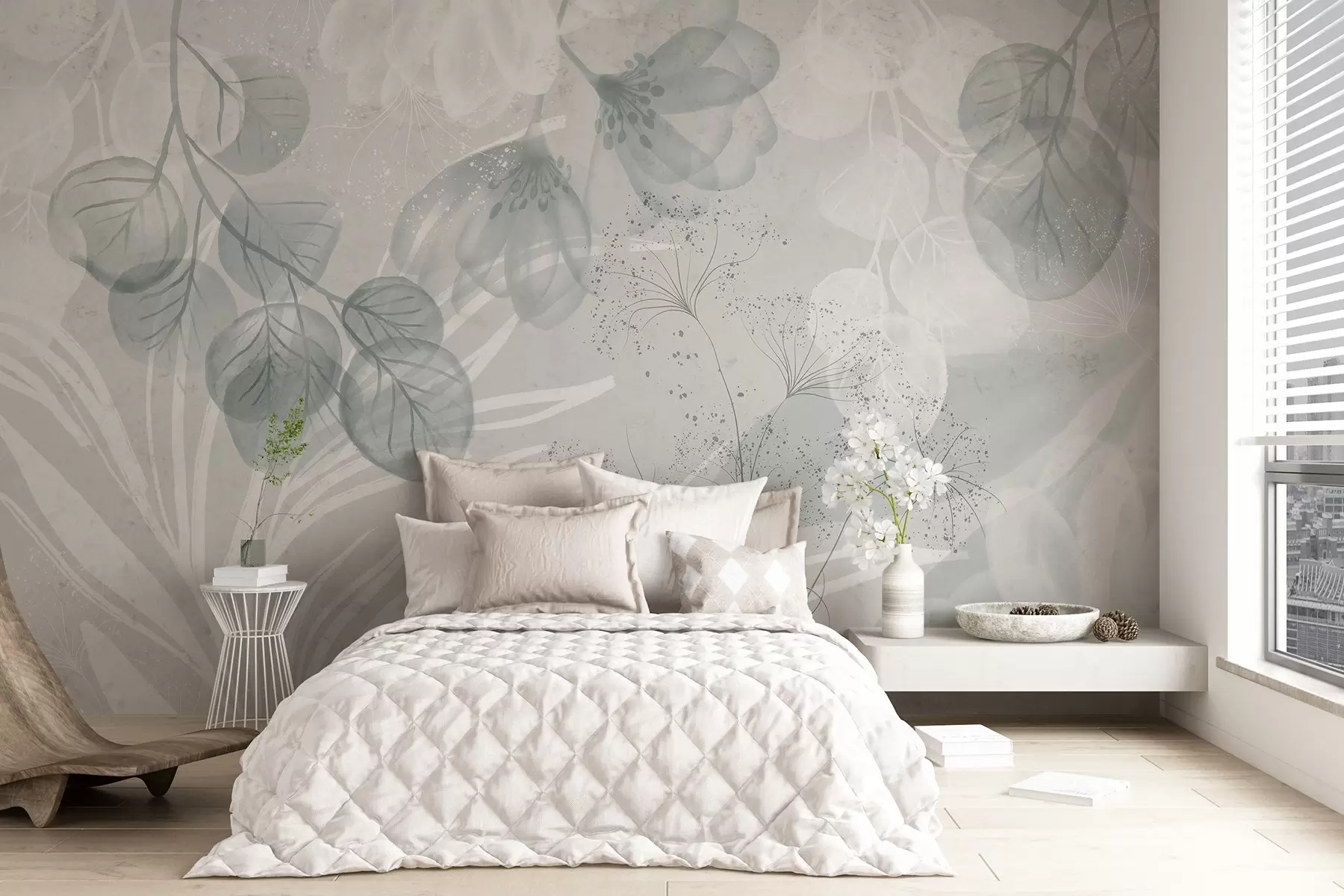 fototapeter Eucaliptus-blomsterelementer i blå og hvite nyanser med overlappende blader og kronblader i minimalistisk stil w08599