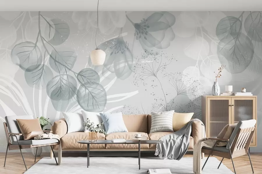 fototapeter Eucaliptus-blomsterelementer i blå og hvite nyanser med overlappende blader og kronblader i minimalistisk stil w08599
