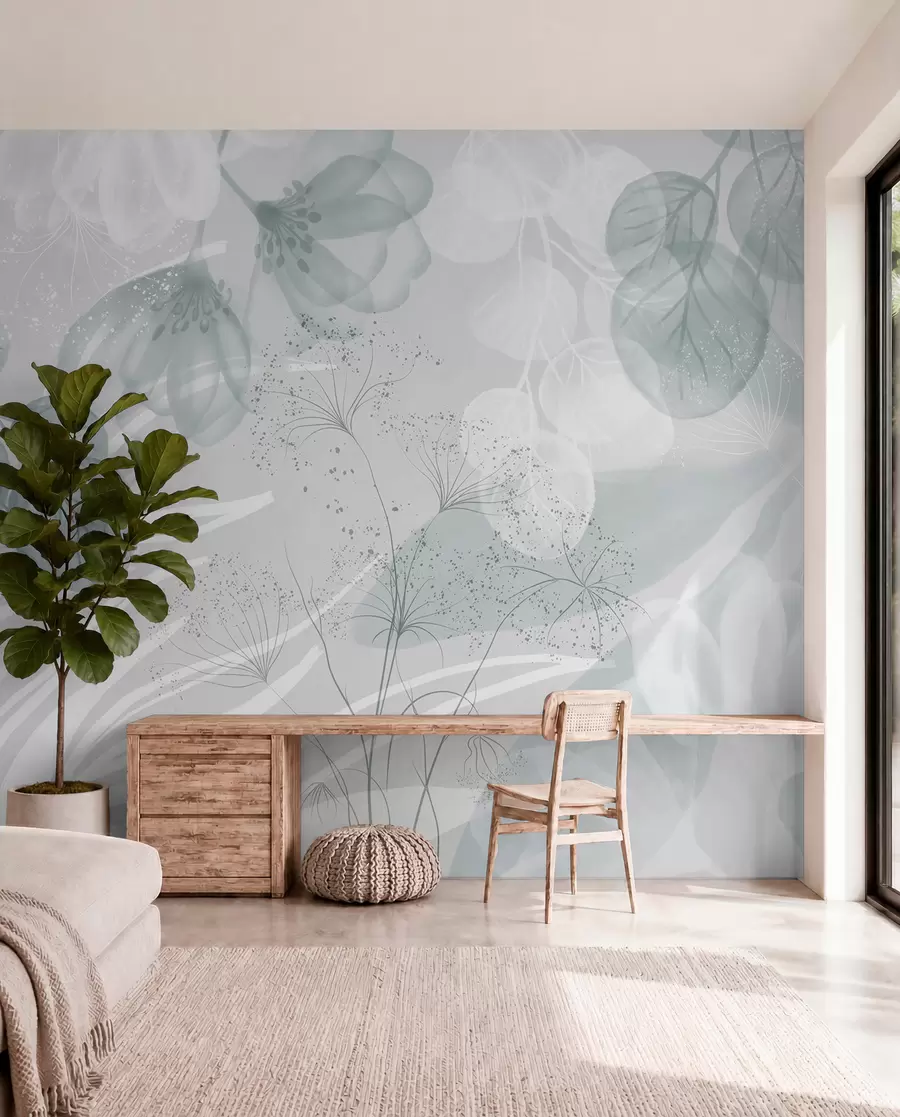 fototapeter Eucaliptus-blomsterelementer i blå og hvite nyanser med overlappende blader og kronblader i minimalistisk stil w08599
