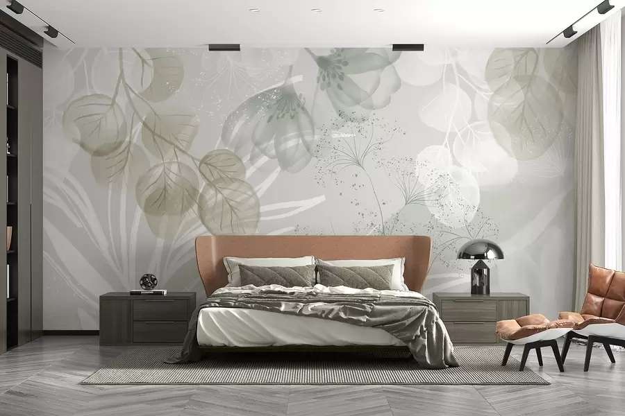 fototapeter Eucaliptus-blomsterelementer i nyanser av grønt og hvitt med overlappende blader og kronblader i en minimalistisk stil w08599v1