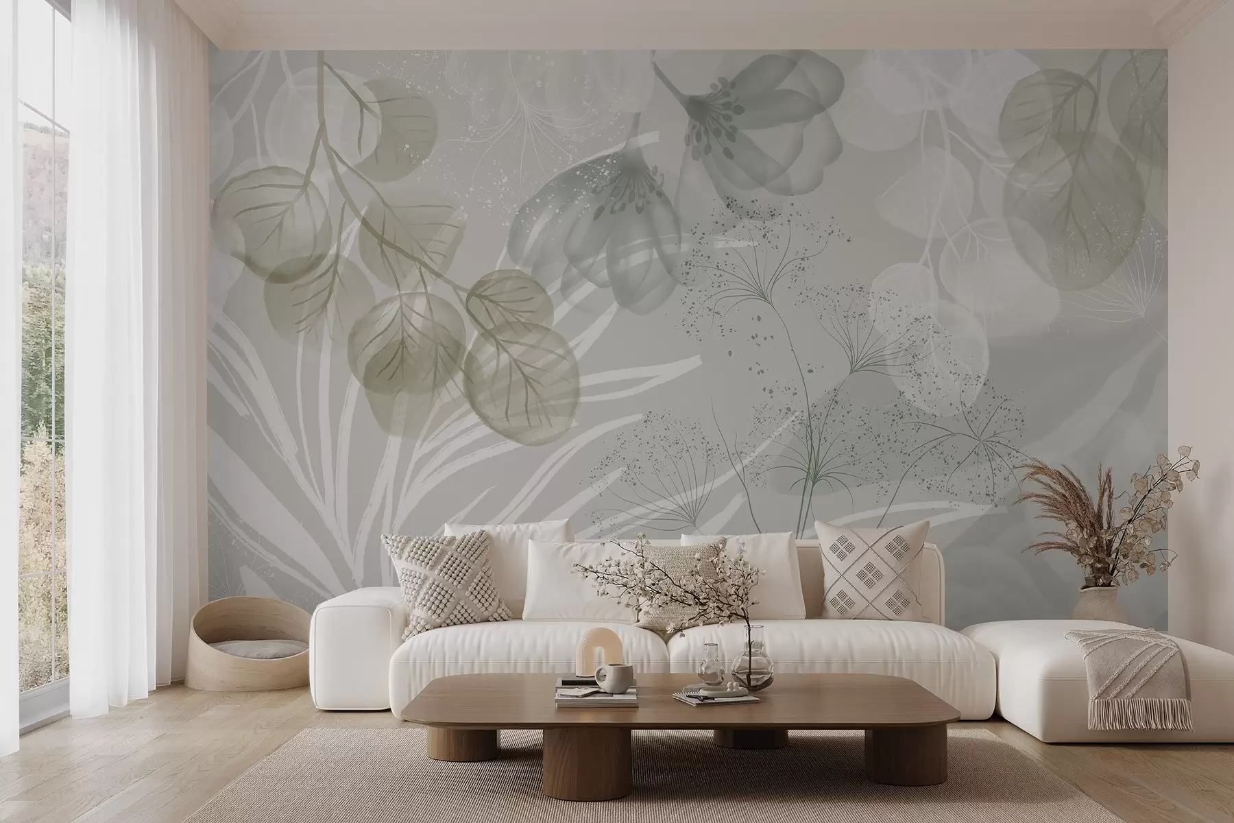 fototapeter Eucaliptus-blomsterelementer i nyanser av grønt og hvitt med overlappende blader og kronblader i en minimalistisk stil w08599v1