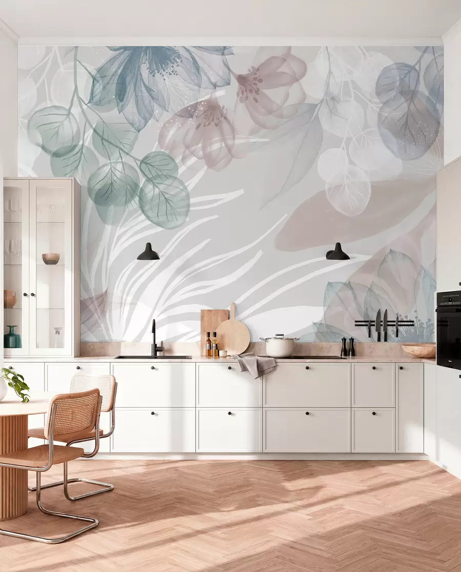 fototapeter Pastellfarget blomstertrykk med gjennomsiktige, store, abstrakte blomster og blader i nyanser av grått, rosa og grønt w08600