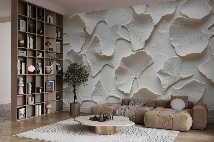 fototapeter Stukkatur med delikat preging av ginkgoblader på hvit bakgrunn w08560v1