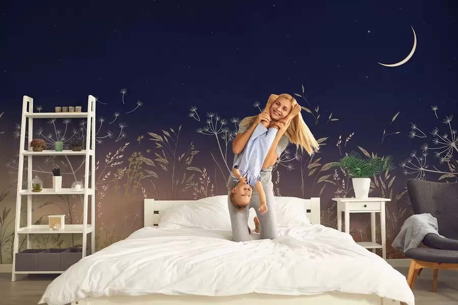 fototapeter Løvetann med villblomster mot en solnedgangsbakgrunn med blå himmel og måne w08567