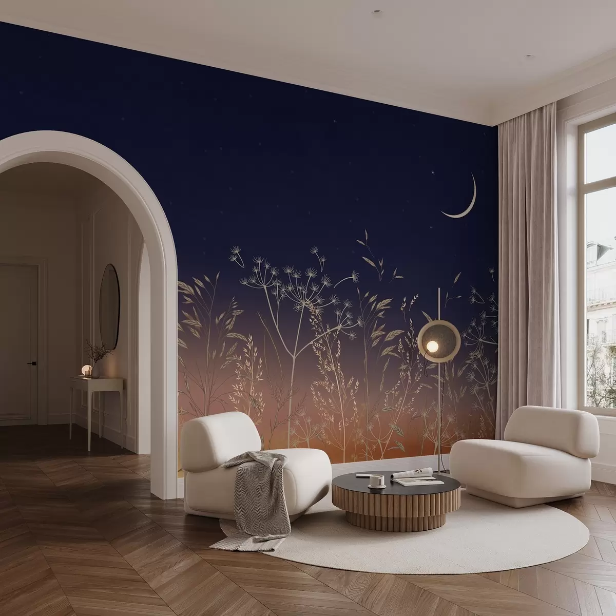 fototapeter Løvetann med villblomster mot en solnedgangsbakgrunn med blå himmel og måne w08567