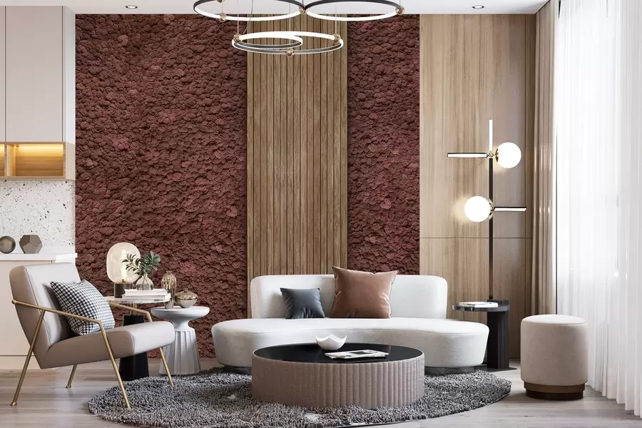 fototapeter Vegg i mosstil med trepanel, frodige burgunderfarger w02656v1