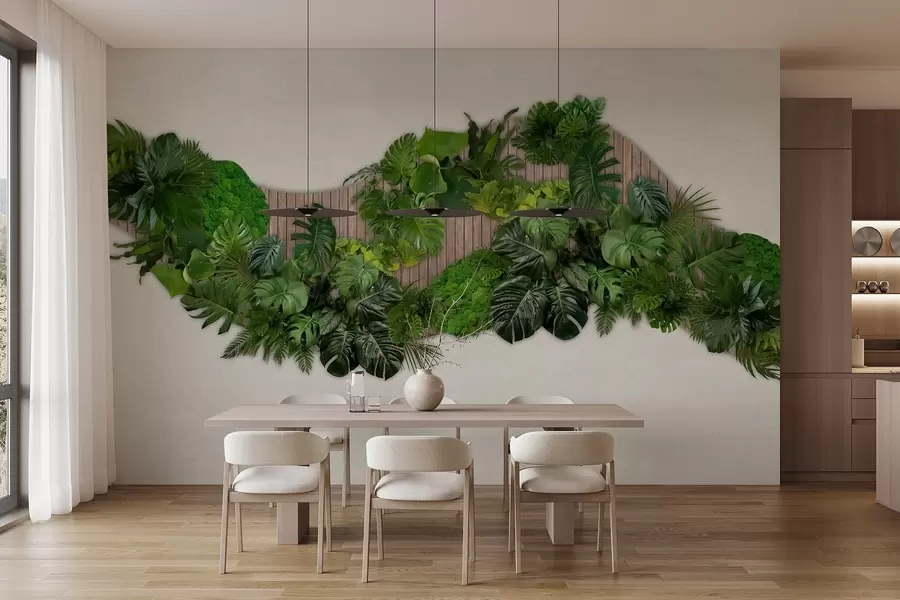 fototapeter Blomsterpanel med palmeblader, mose og trebakgrunn w02717