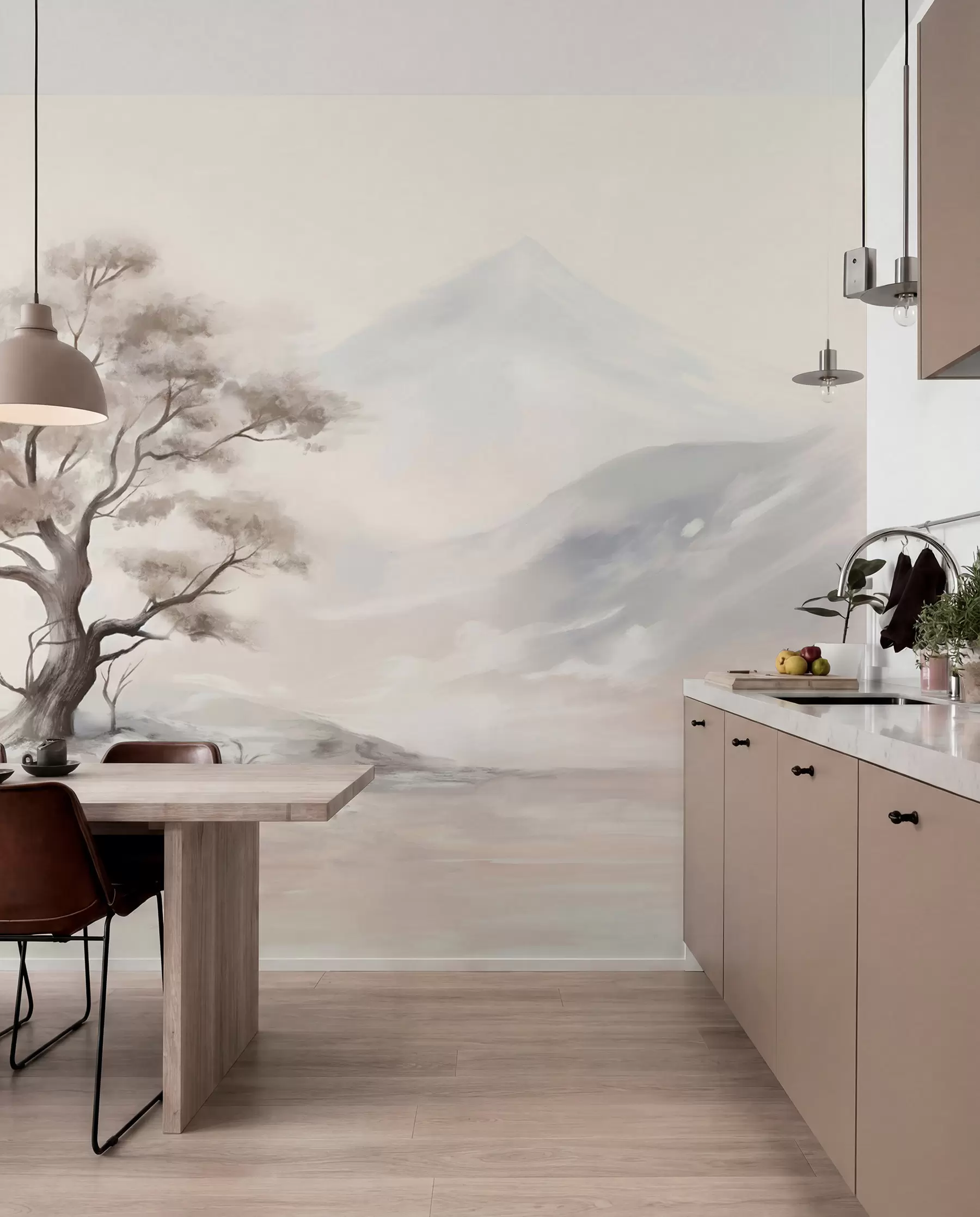 fototapeter En minimalistisk tegning av et enslig, forvridd tre i et øde, steinete landskap med fjell i bakgrunnen  w08604