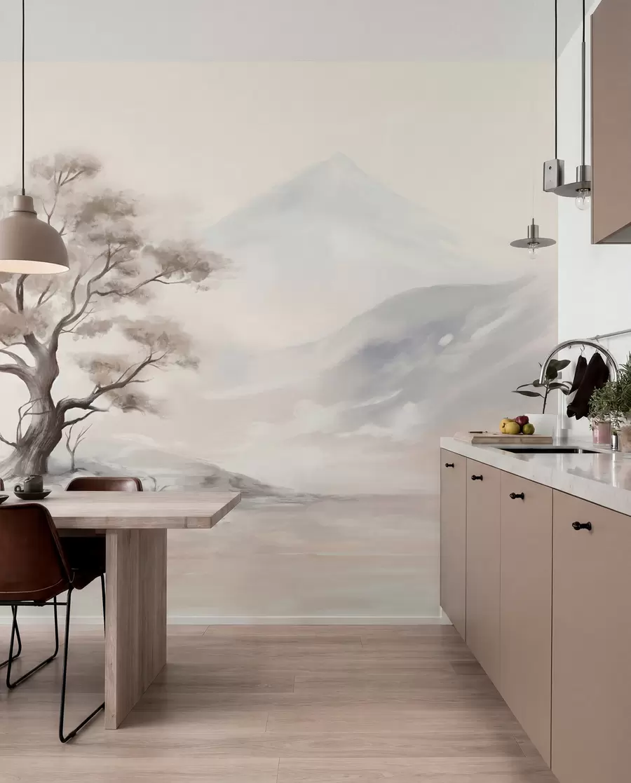 fototapeter En minimalistisk tegning av et enslig, forvridd tre i et øde, steinete landskap med fjell i bakgrunnen  w08604