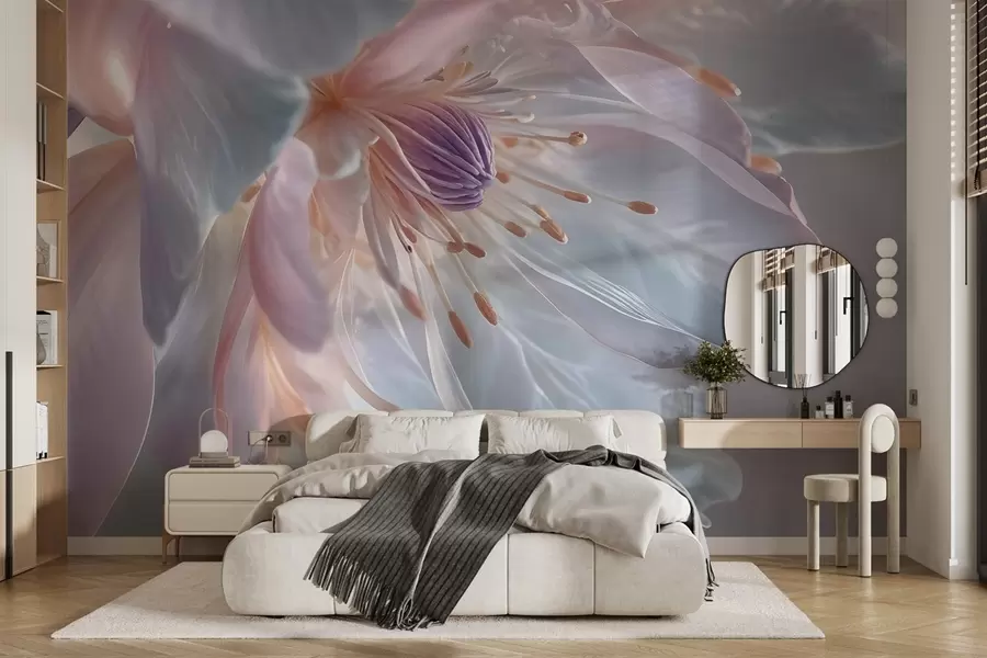 fototapeter Nærbilde av en delikat, pastellfarget blomst med myke, gjennomskinnelige kronblader og et livlig sentrum w08605