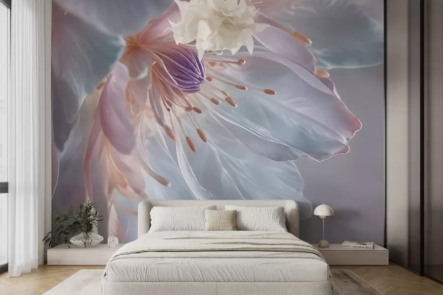 fototapeter Nærbilde av en delikat, pastellfarget blomst med myke, gjennomskinnelige kronblader og et livlig sentrum w08605