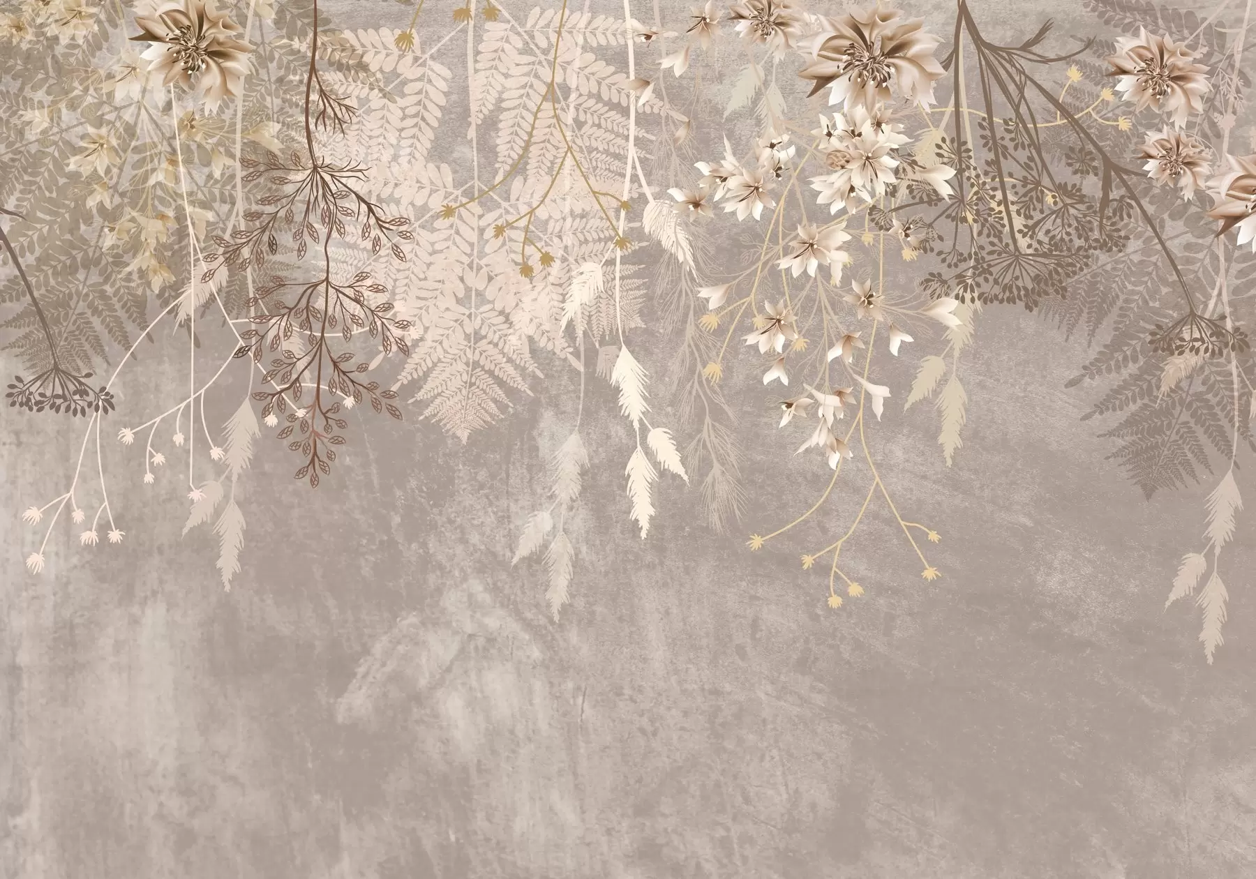 fototapeter En drømmende, delikat, spinkel plante, pigger og blomster i brune pastellfarger mot en disig, strukturert bakgrunn w08606v1