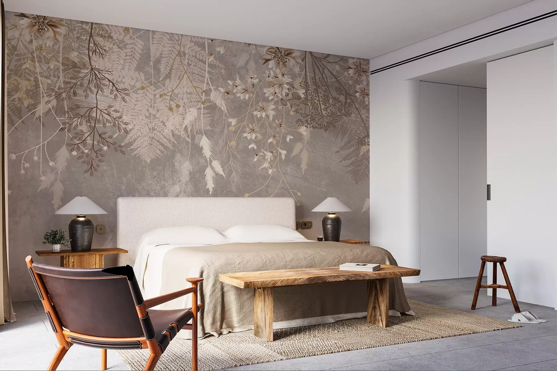 fototapeter En drømmende, delikat, spinkel plante, pigger og blomster i brune pastellfarger mot en disig, strukturert bakgrunn w08606v1