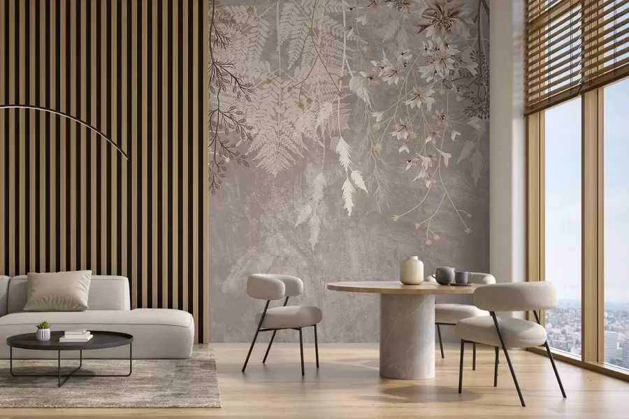 fototapeter En drømmende, delikat, spinkel plante, pigger og blomster i brune pastellfarger mot en disig, strukturert bakgrunn w08606v1