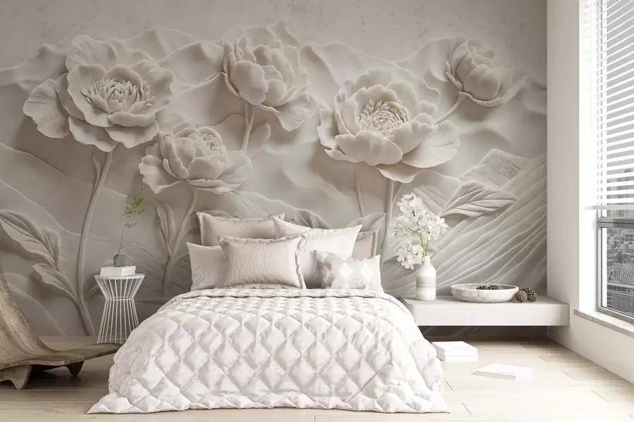 fototapeter Hvit blomsterimitasjon av relieffskulptur med store, detaljerte pionblomster mot en ensfarget bakgrunn w08612