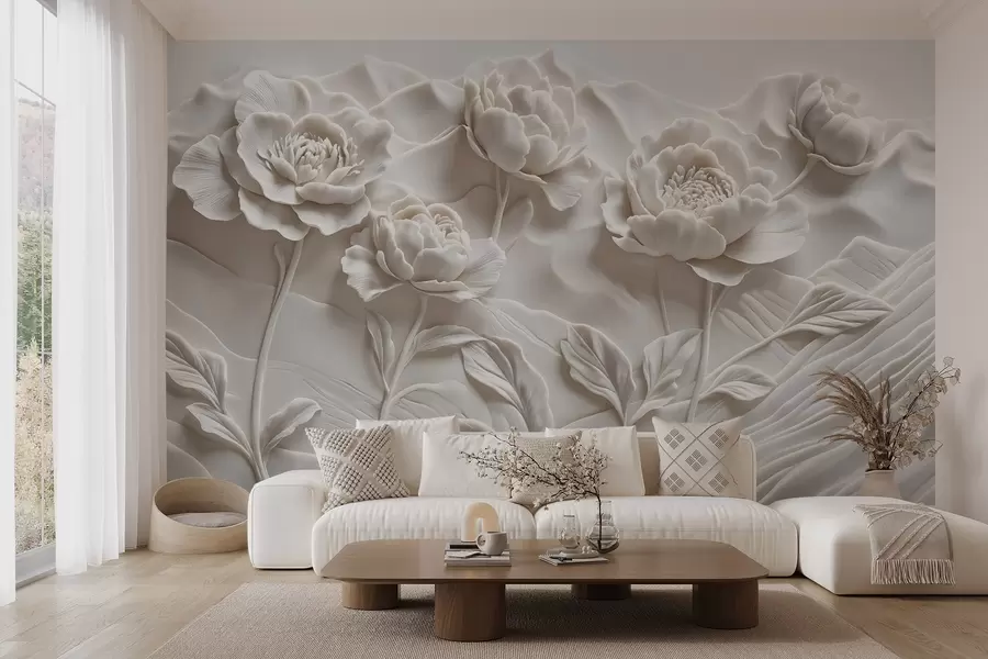 fototapeter Hvit blomsterimitasjon av relieffskulptur med store, detaljerte pionblomster mot en ensfarget bakgrunn w08612