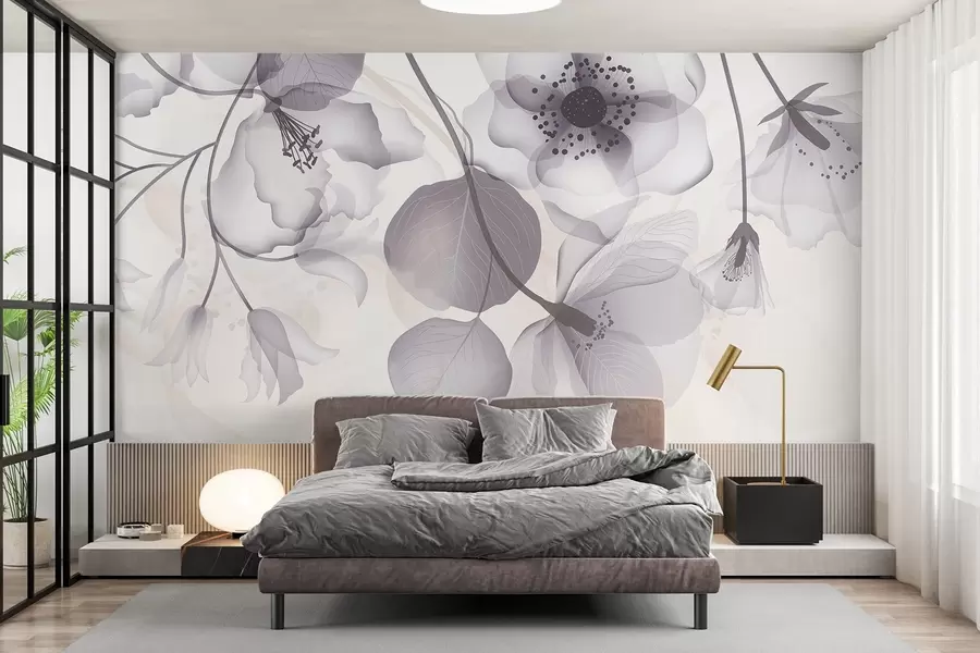 fototapeter Delikate grå og beige gjennomskinnelige blomster med myke kronblader og mørk midte, mot en lys bakgrunn w08613v2