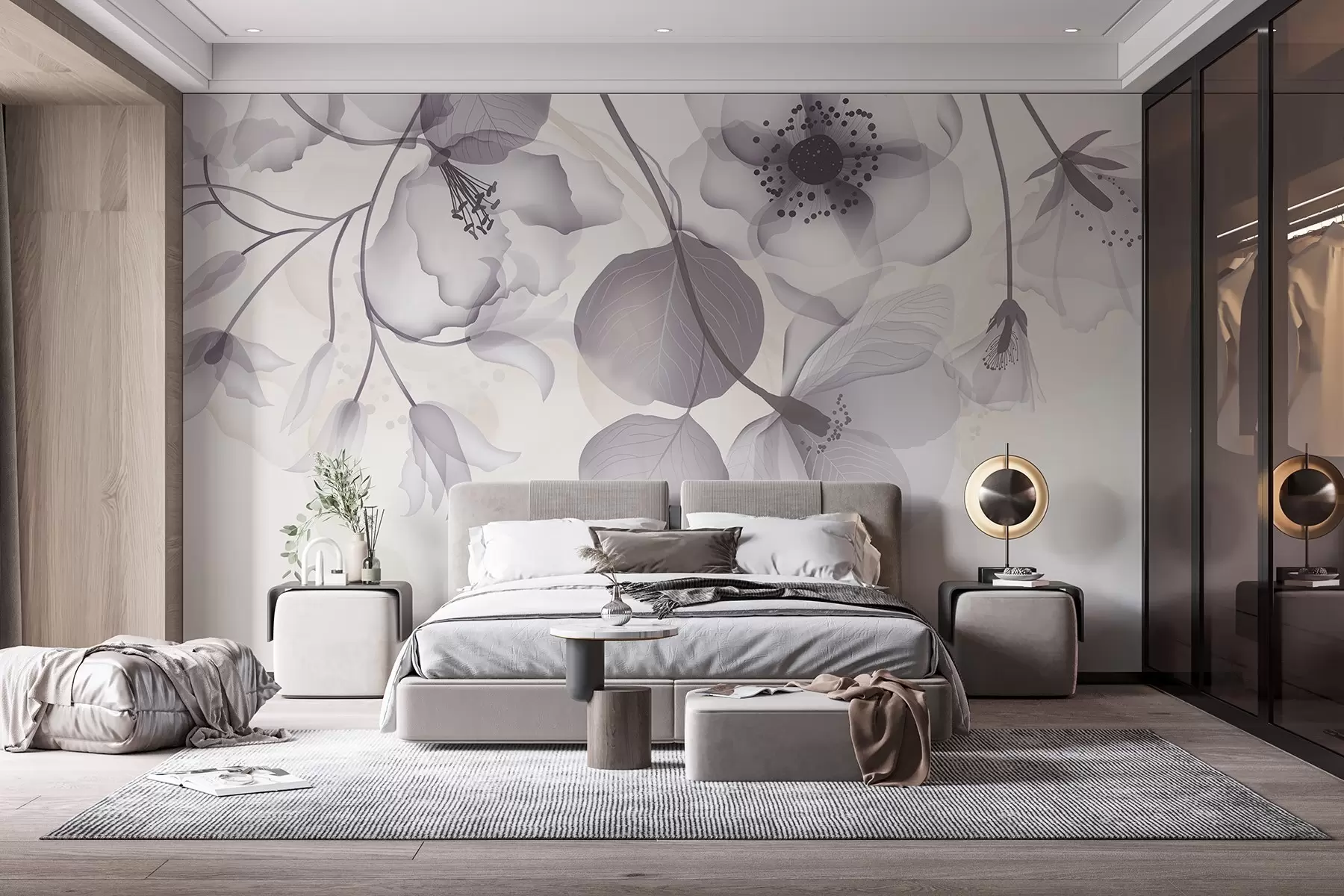 fototapeter Delikate grå og beige gjennomskinnelige blomster med myke kronblader og mørk midte, mot en lys bakgrunn w08613v2