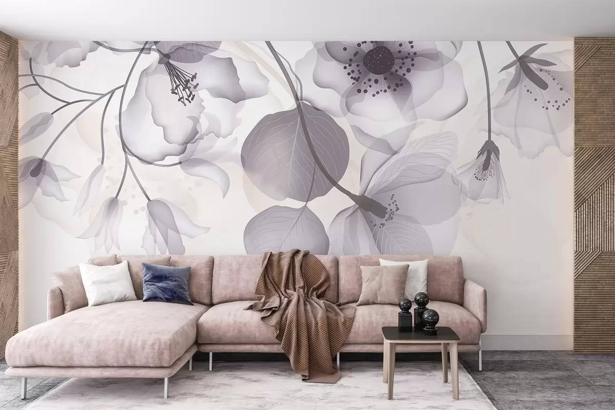 fototapeter Delikate grå og beige gjennomskinnelige blomster med myke kronblader og mørk midte, mot en lys bakgrunn w08613v2