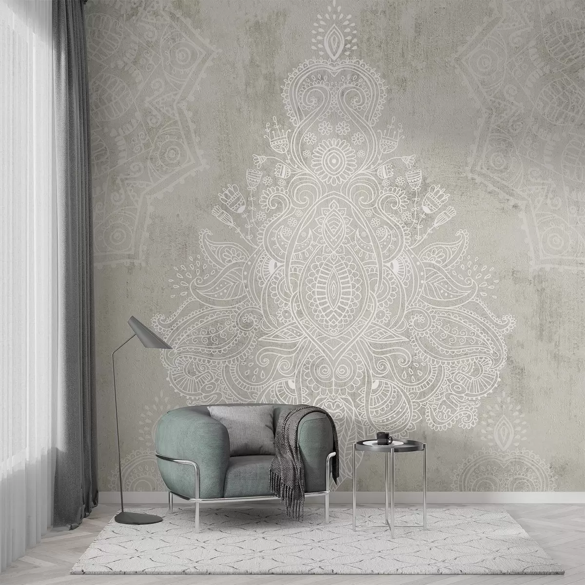 fototapeter Et detaljert, intrikat hvitt mandalatrykk med blonder på en lys beige, abstrakt teksturert bakgrunn w08614