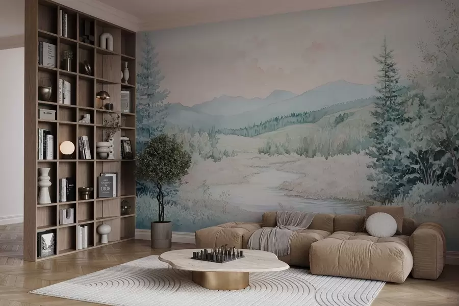 fototapeter landskap i akvarellstil med grantrær w02689