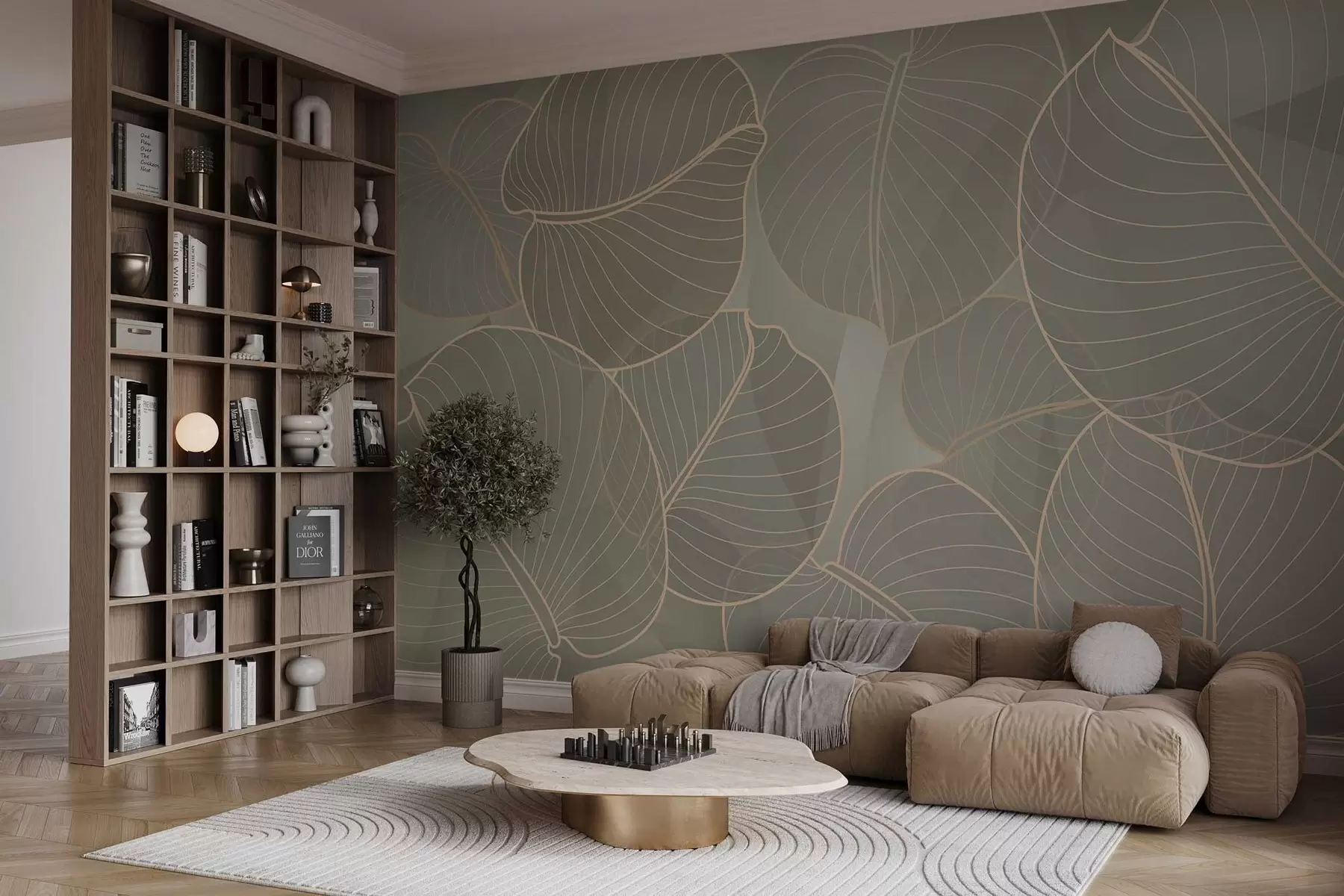 fototapeter lineært løvverk av augustliljen i beige toner w02768