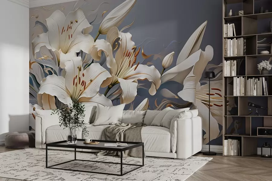 fototapeter Sofistikerte hvite liljer på en gråblå bakgrunn w08633