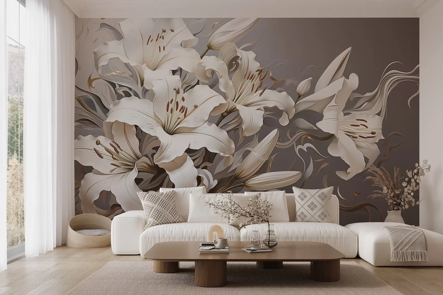 fototapeter Sofistikerte hvite liljer i pastellfarger w08633v1