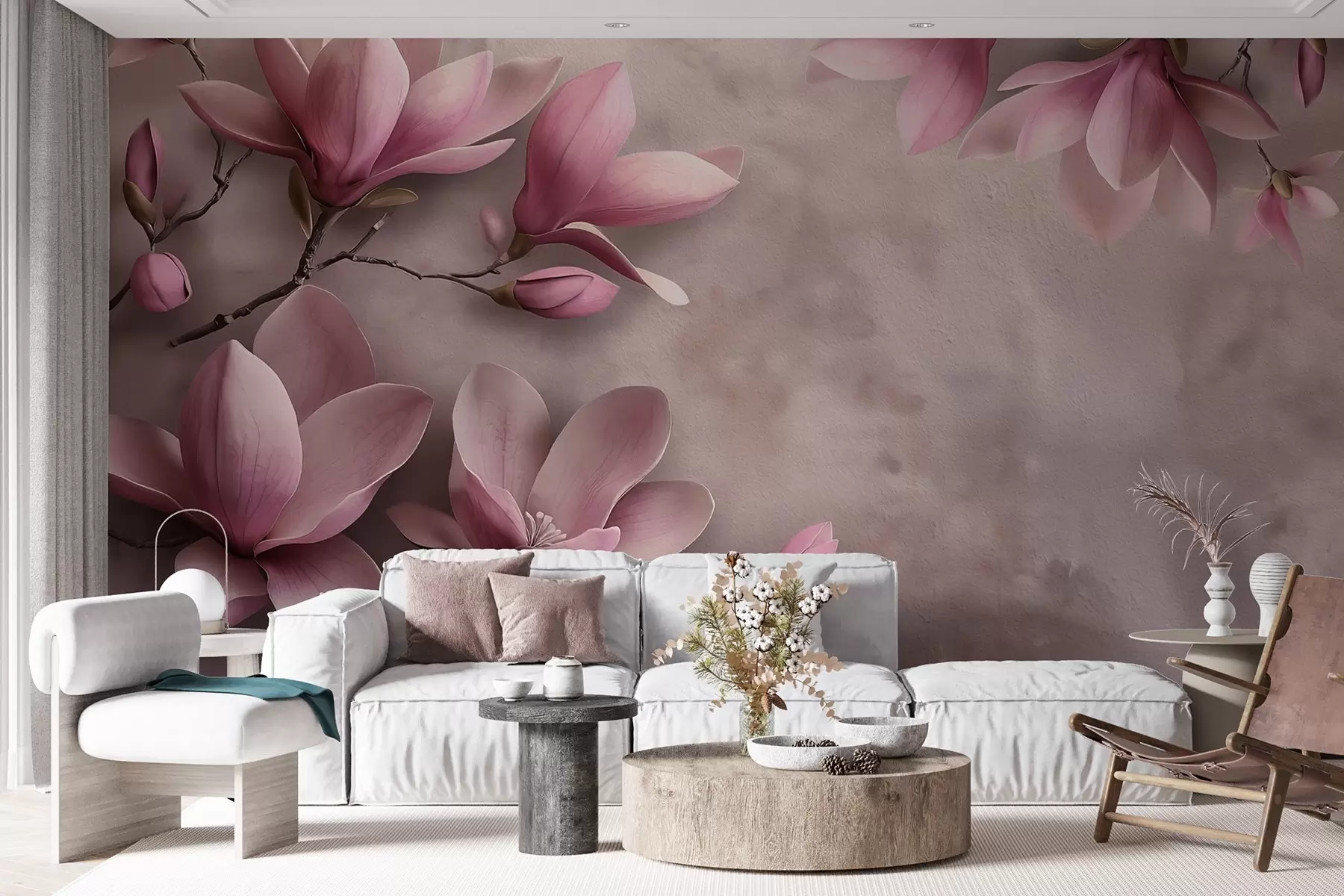 fototapeter Delikate rosa magnoliaer på en betongvegg w08636