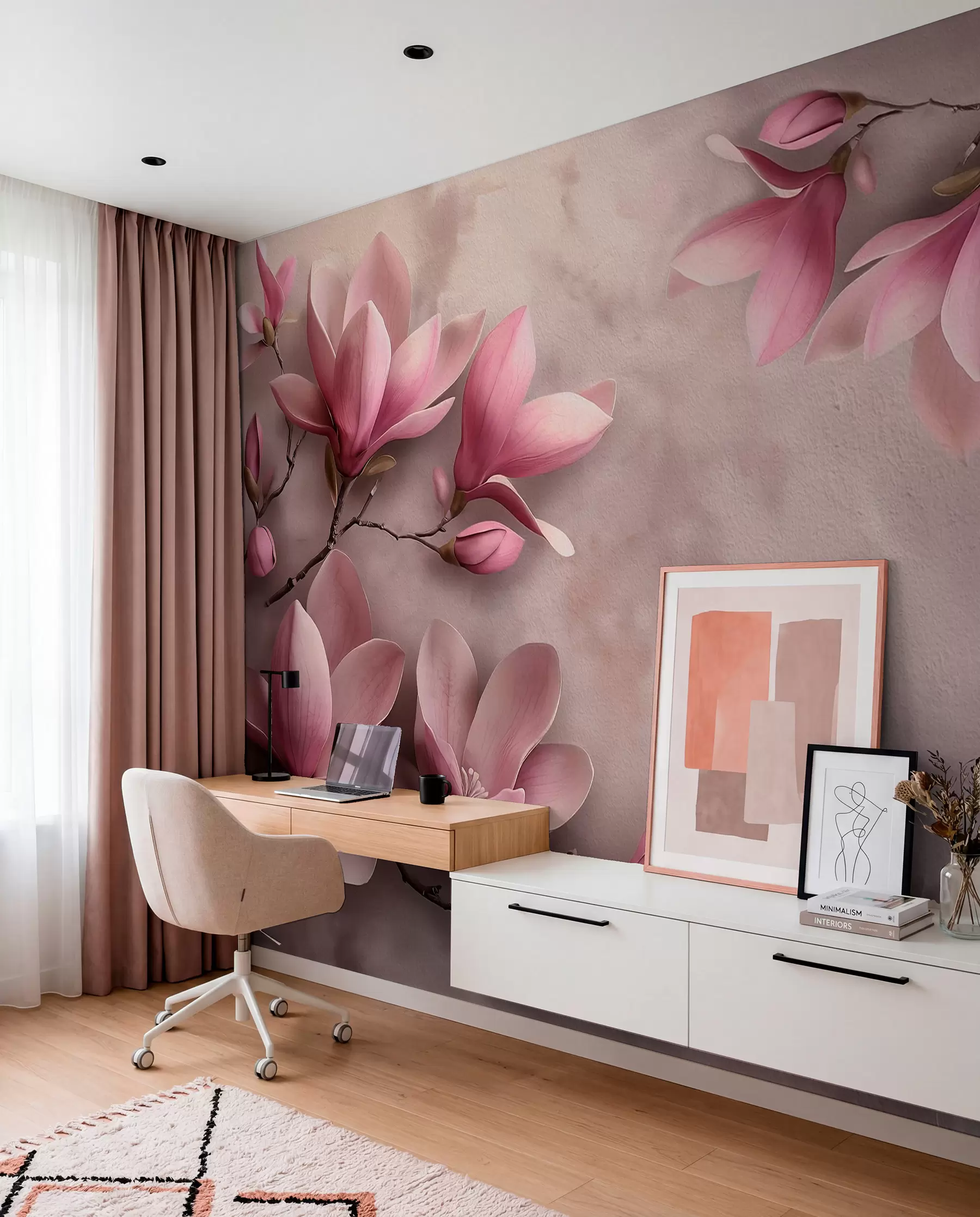 fototapeter Delikate rosa magnoliaer på en betongvegg w08636