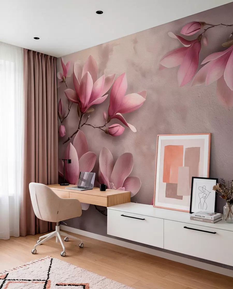 fototapeter Delikate rosa magnoliaer på en betongvegg w08636