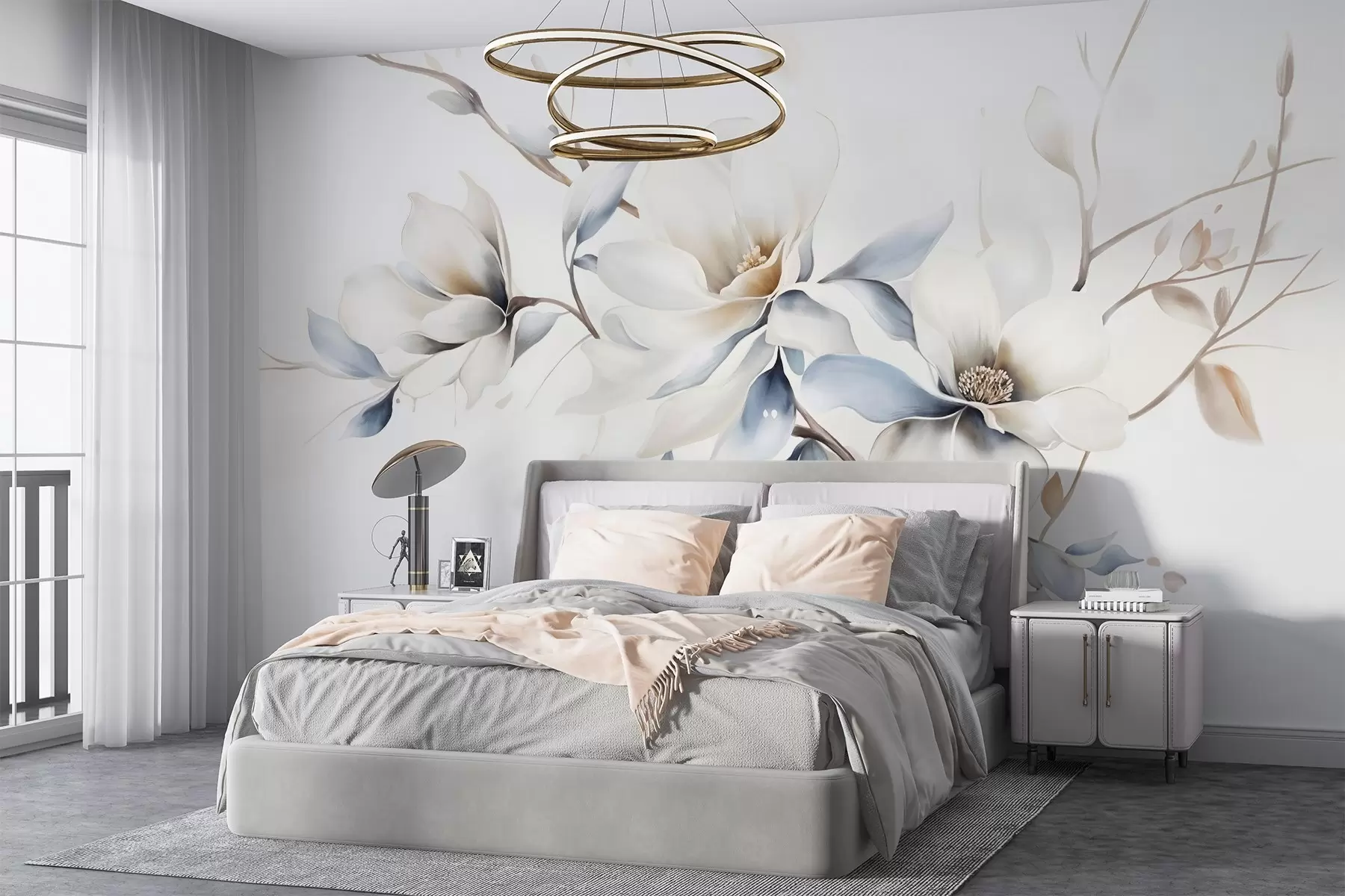 fototapeter Delikate hvite magnoliablomster med myke blå kronblader mot en lys akvarellbakgrunn som imiterer minimalisme  w08644