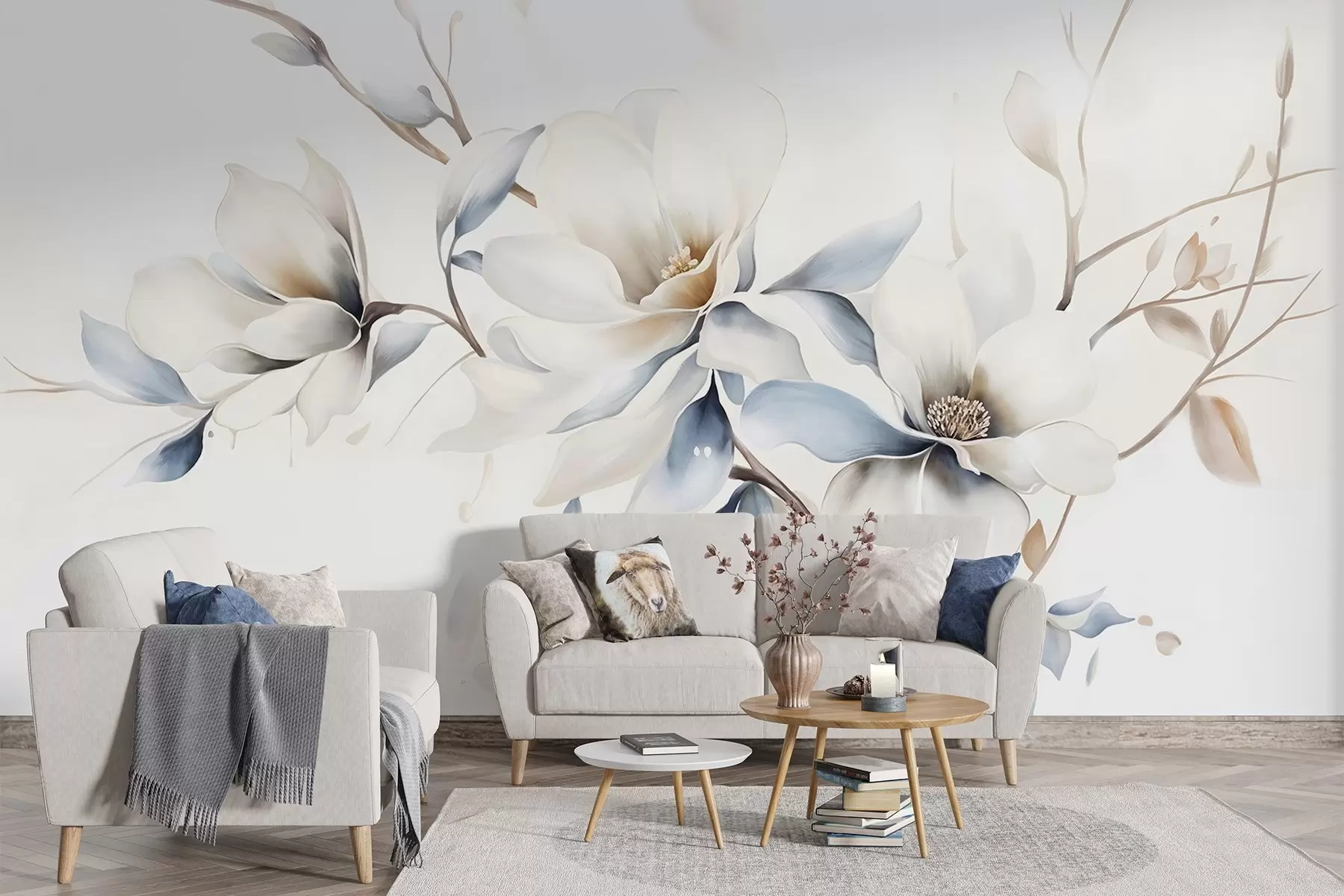 fototapeter Delikate hvite magnoliablomster med myke blå kronblader mot en lys akvarellbakgrunn som imiterer minimalisme  w08644