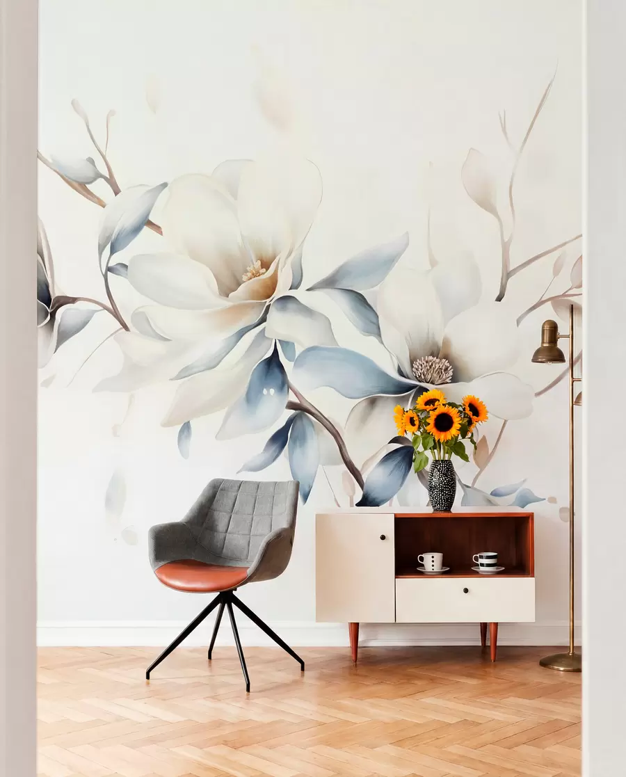 fototapeter Delikate hvite magnoliablomster med myke blå kronblader mot en lys akvarellbakgrunn som imiterer minimalisme  w08644