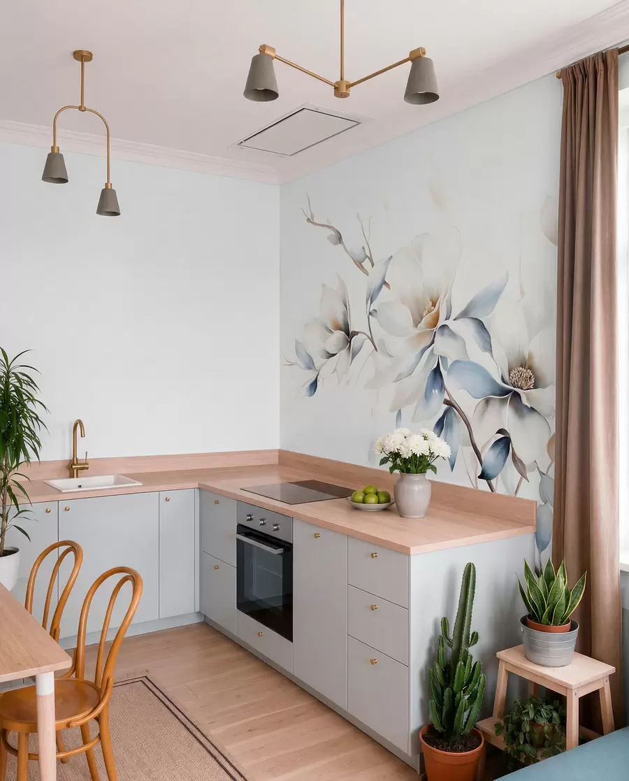 fototapeter Delikate hvite magnoliablomster med myke blå kronblader mot en lys akvarellbakgrunn som imiterer minimalisme  w08644