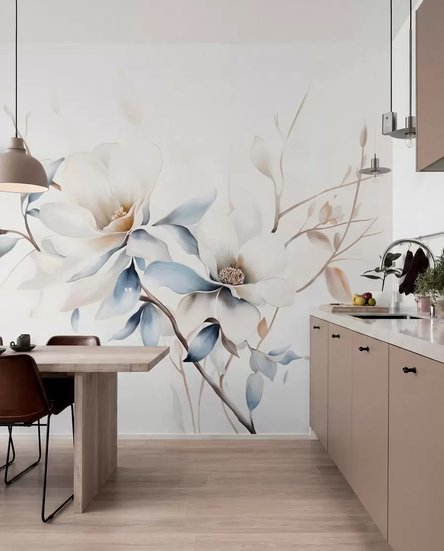 fototapeter Delikate hvite magnoliablomster med myke blå kronblader mot en lys akvarellbakgrunn som imiterer minimalisme  w08644