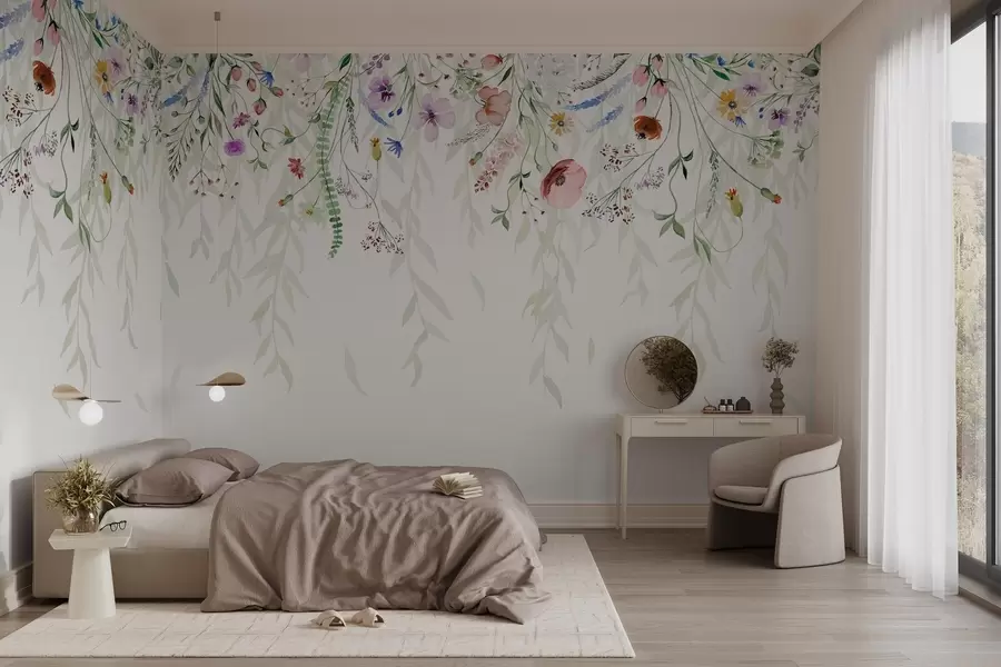 fototapeter Et fargerikt blomstertrykk som faller ned med ulike blomster, blader og planter i akvarellstil   w08646